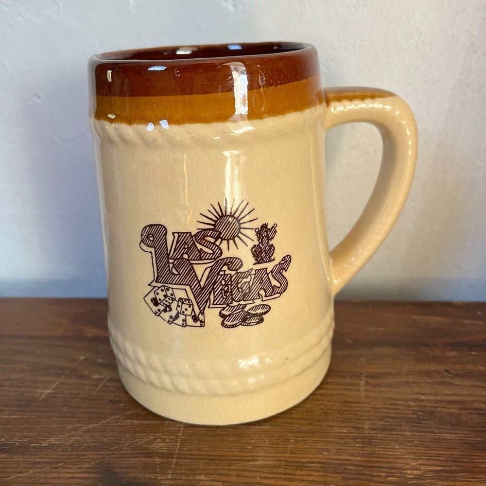 VTG Las Vegas Ceramic Coffee Mug Brown Glazed Tan Casino Souvenir Stein 70s 80s